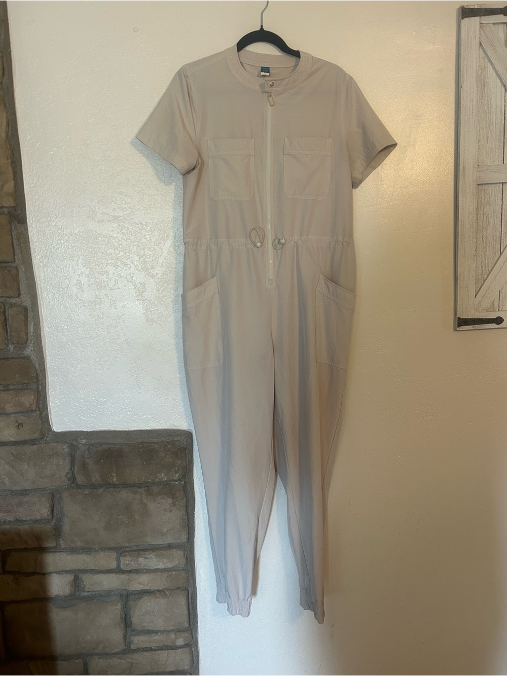 Light Beige Short-Sleeve Utility Jumpsuit with Drawcord Waist